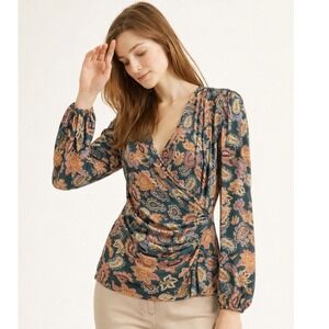 BODEN Paisley Faux Wrap V-Neck Jersey Knit Top Colorful Boho Indie Preppy Sz 8